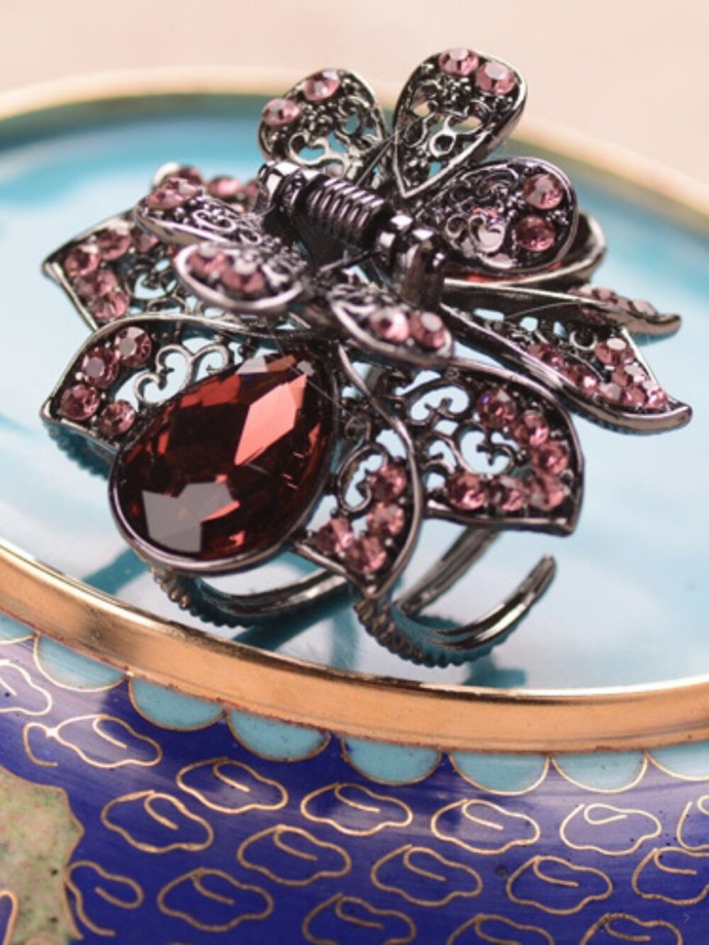 Dark Metal Burgundy Rhinestone Flower Butterfly Claw Clip